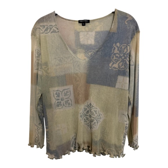 therapy Tops - Y2K Mesh Top Women's Size XL Green Blue Patchwork Top Fairy 90's Whimsigoth